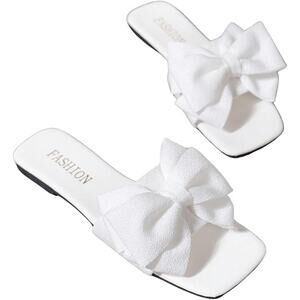 Verdusa Womens Size 9.5 White Fabric Bow Slide On Flat Open Toe Sandal Shoes